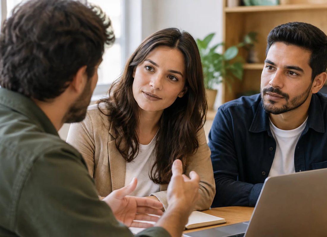 Conversa em pé entre as estantes da escola, com folhas de anotação na mão de quem discute