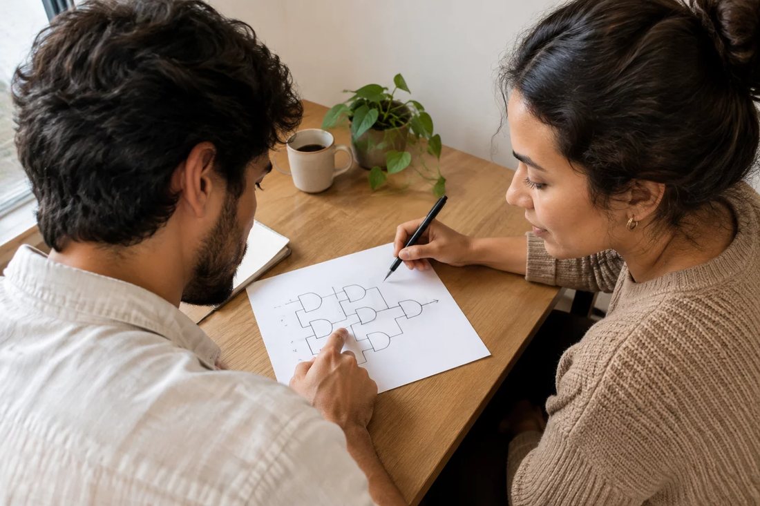 Participante de pé sustentando uma posição enquanto o grupo sentado à mesa toma nota